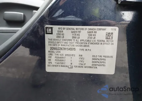 2017 Chevrolet Equinox Lt z USA, uszkodzony, nr VIN 2GNALCEK7H1545515